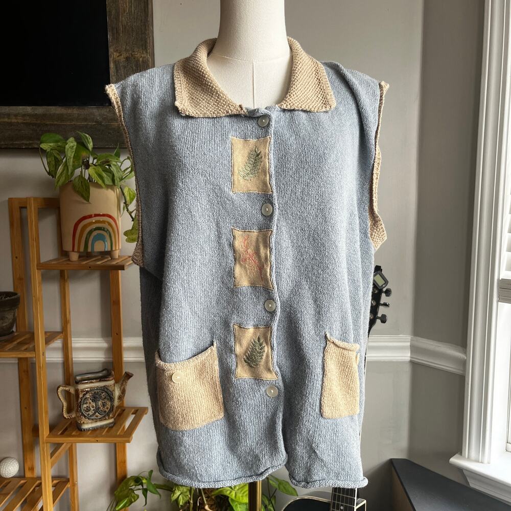 Vintage 90s Cotton Knit Vest Beach Cottagecore Blue Tan Size Large